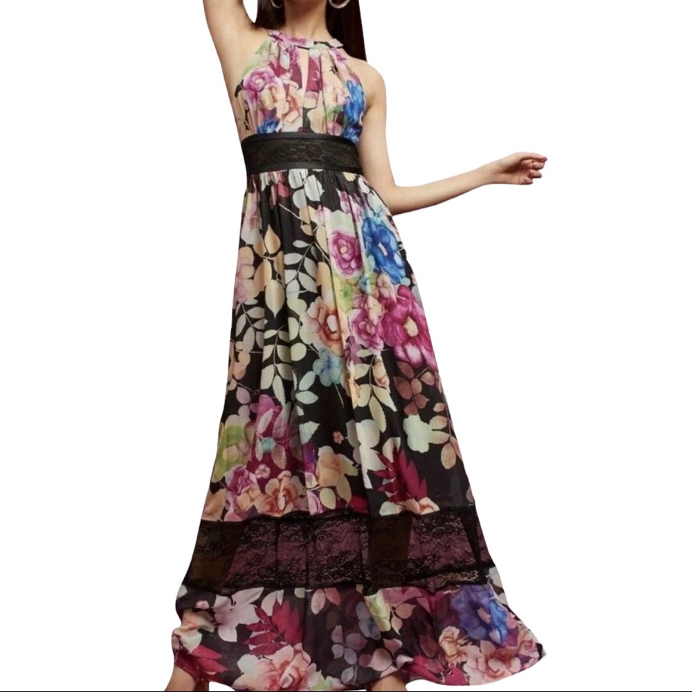 Nicole Miller NY x Anthropologie Lora 2 XS Black Floral Halter Chiffon Maxi Gown